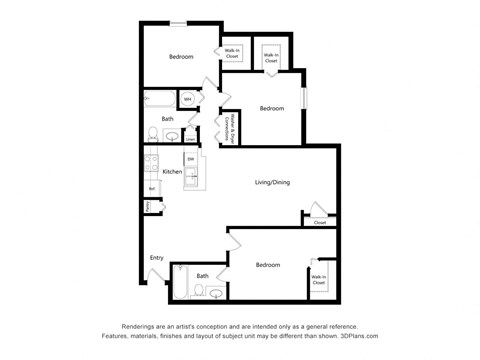 Floor plan for 3 beds, 2 baths, 1289 sqft